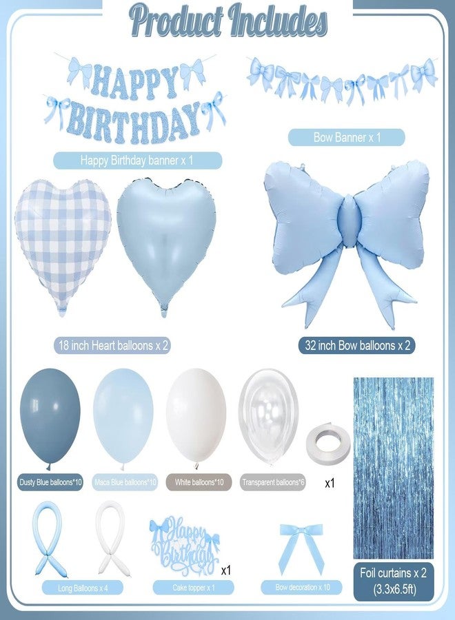 Togvu Dusty Blue Bow Birthday Decorations, Coquette Bow Blue White and Clear Balloons with Happy Birthday Banner Fringe Curtain Cake Toppers for Women Girls Baby Shower Party Supplies - Image 2